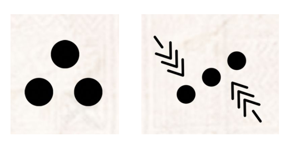 Fa’afualeva – fruits of the sea mango. This means Tradition and knowledge. The illustration on the left shows 3 black circles and arranged in a triangle with two circles at the bottom and one centred at the top. The illustration on the right shows 3 circles in a diagonal with symbols that have three arrow like lines with a single line underneath vertically. There are two and one is placed upside down on a diagonal and the other is placed diagonally so they face each other.